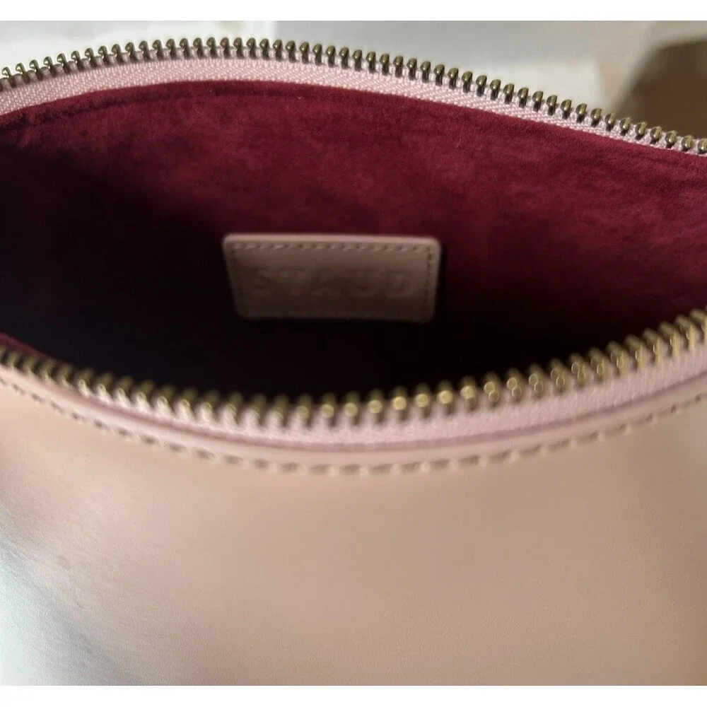 Staud Blush Leather Zipper Pouch Cosmetic Toiletry Bag Travel Wine Suede Lining